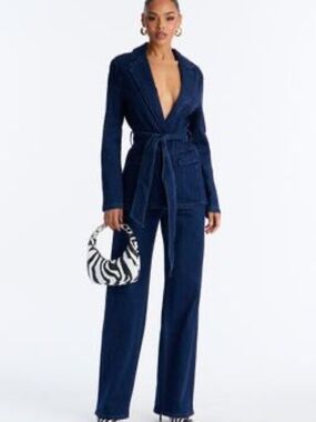 Tall Desiree Washed Denim Blazer Pant Set - Dark Wash